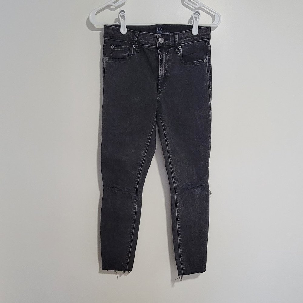 Gap True Skinny Black Washed Ripped Denim Jeans Size 25